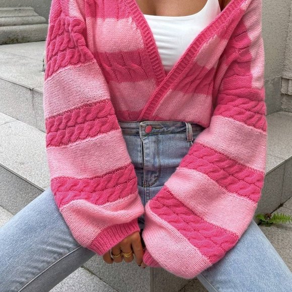 Pink Boho Womens Two Tone Drop Shoulder Open Front Cardigan - Picture 5 of 5